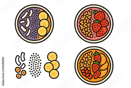 Stylized set of three healthy breakfast smoothie bowls topped with fresh fruit, nuts, and granola cereal