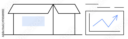 Simple warehouse structure beside an upward trend chart conveying business growth, logistics, and performance. Ideal for logistics, supply chain, e-commerce, inventory, growth, strategy