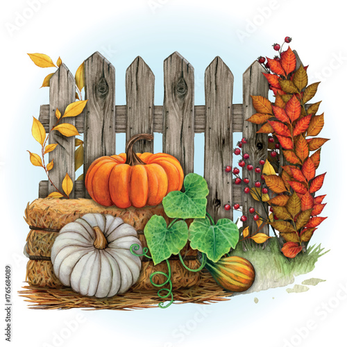 Watercolor hand drawn fall fence with pumpkins