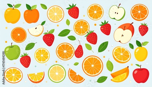 Colorful, bright fruit slices and whole fruits scattered across a light blue background, a pattern for designs