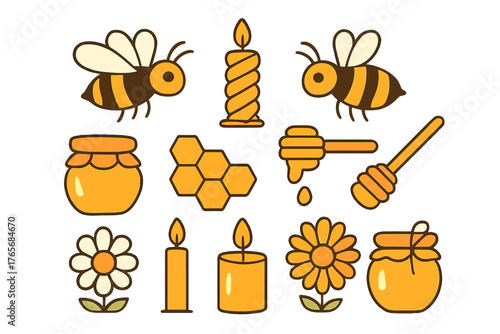 Sweet honey products and natural elements set featuring flying bees, jars, honeycomb, and candles