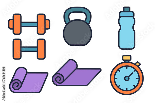 Essential fitness and workout equipment including dumbbells, kettlebell, yoga mat, stopwatch, and water bottle