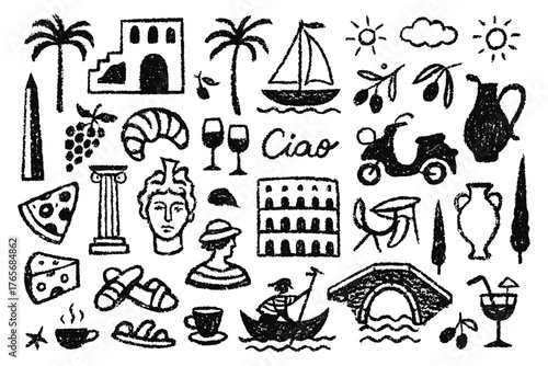 Italian or greek style vacation hand drawn vector illustrations in grunge chalk or charcoal rough doodle sketch style elements. Summer vacation in ink simple style. Drawings for poster, placard print