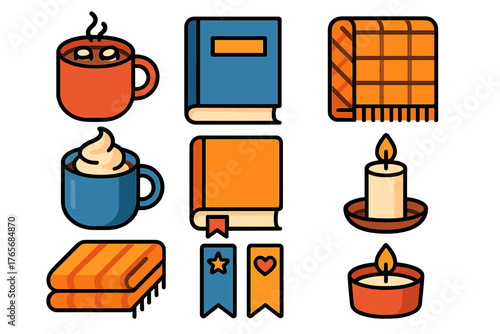 Cozy home comfort items including steaming mugs, closed books, warm blankets, and lit candles