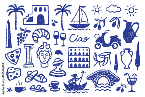 Italian or greek style vacation hand drawn vector illustrations in grunge chalk or charcoal rough doodle sketch style elements. Summer vacation in ink simple style. Drawings for poster, placard print