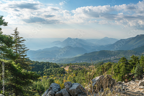 The scenic views of the Tahtalı Montain (Tahtalı Dağı), also known as Lycian Olympus with a height of 2365 meters near Kemer, in Antalya, Turkey.