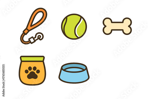 Essential dog accessories collection with leash, tennis ball, bone, food bag, and feeding bowl