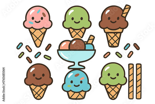 Cute cartoon ice cream cones and sundae dessert set with colorful sprinkles and wafers
