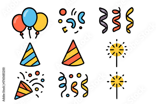 Assortment of colorful party elements including balloons hats confetti streamers and sparklers