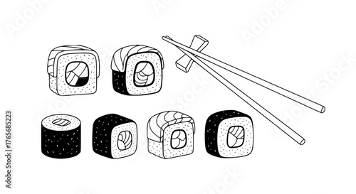 Vector of Japanese sushi rolls and chopsticks, minimal outline with clean lines
