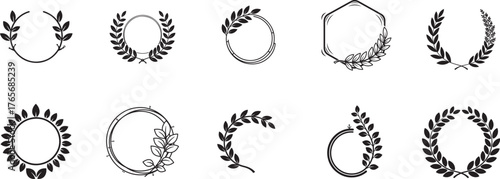 Laurel wreath silhouette vector frames with botanical leaf circle borders for logo, invitation, and award design