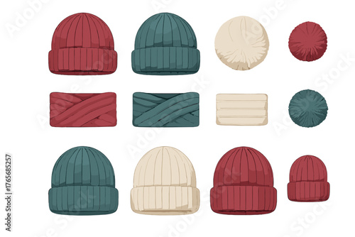Collection of ribbed knit winter beanies and yarn swatches in three different colors