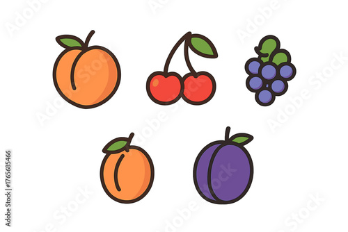 Fresh summer fruits including peaches cherries grapes and plums in a simple outline