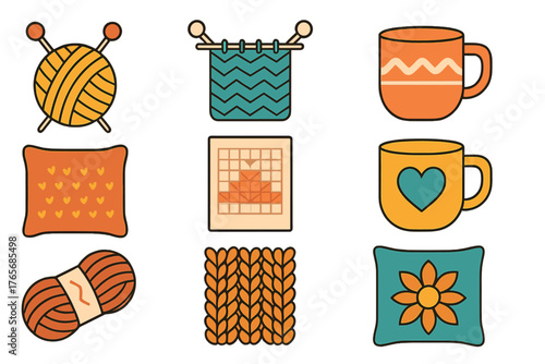 Cozy home craft icons set featuring knitting supplies yarn mugs and decorative pillows