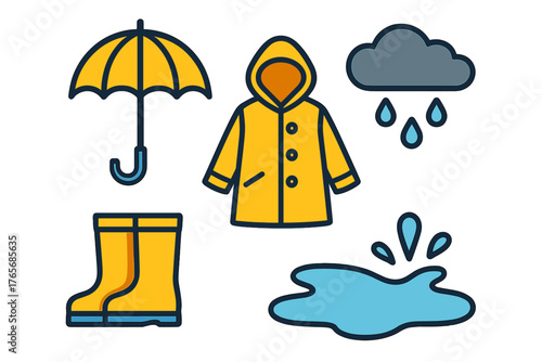 Essential items for rainy weather including a yellow raincoat, umbrella, rubber boots, and a water puddle