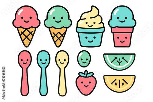 Cute smiling ice cream cones sundaes spoons and fruit slices sweet summer treats