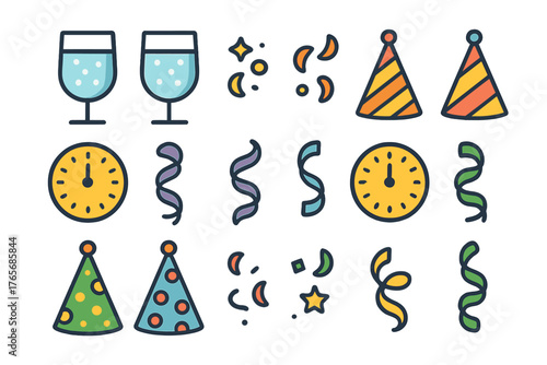 Celebration elements featuring champagne flutes, party hats, countdown clocks, and festive confetti