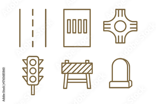 Essential road and traffic control elements including traffic light, crosswalk, and roundabout symbols