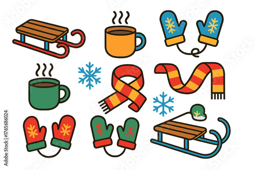 Collection of cozy winter essentials including sleds, steaming mugs, scarves, and mittens