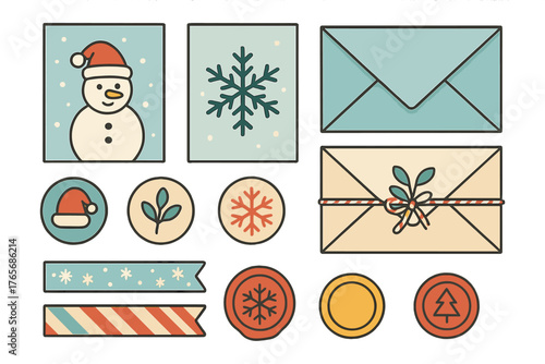 Retro Christmas and Winter Holiday Elements Collection with Snowman Snowflake and Envelopes