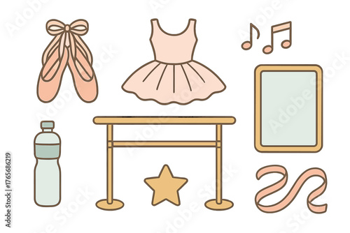 Collection of essential ballet practice elements including pointe shoes, tutu, dance barre, and mirror