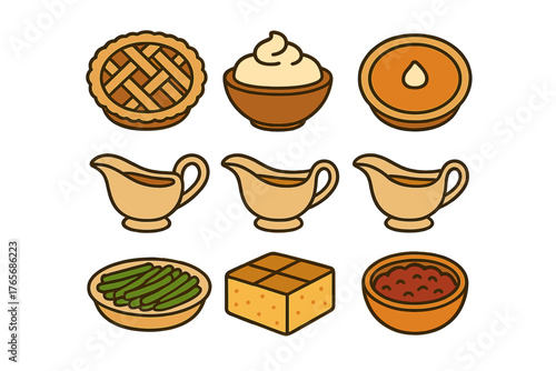 Traditional holiday meal elements including pie, gravy, green beans, and cranberry sauce