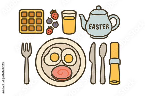 Festive Easter breakfast setting with eggs, ham, waffle, berries, juice, and teapot