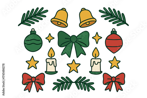 Festive Christmas holiday elements including bells ornaments bows candles and pine branches