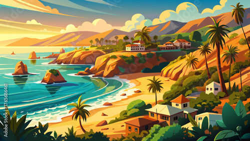 Very beautiful panoramic view of Crescent Bay in Laguna Beach, Orange County, California, featuring turquoise waters, rocky cliffs, palm trees, and golden sunlight illuminating the stunning coastal 