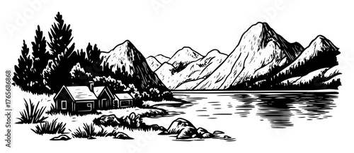 hand drawn alpine lake landscape with cabin and mountains