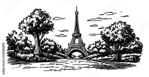 hand drawn eiffel tower paris park landscape illustration