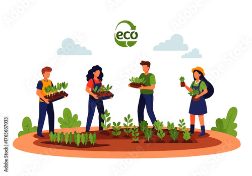 People planting seedlings in a garden, symbolizing eco-friendly agriculture and sustainable growth with an 'Eco' logo
