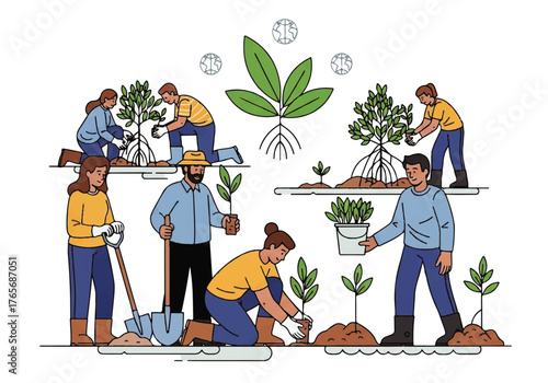 Community Planting Trees and Environment Protection with Volunteers and Saplings Illustration