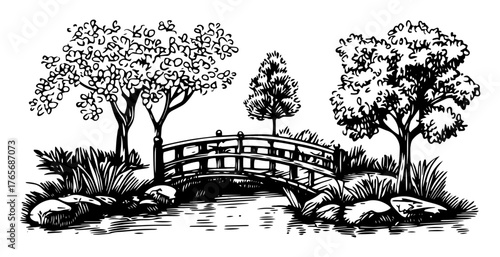 japanese garden with wooden bridge over water sketch