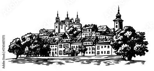 european old town on a hill hand drawn sketch