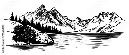 scenic mountain lake landscape hand drawn sketch