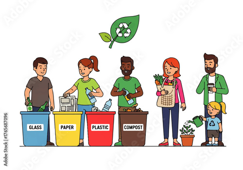 Diverse community of people engaged in eco-friendly activities like sorting waste for recycling and composting