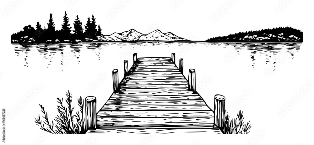 Fototapeta premium wooden pier on a tranquil lake with mountain view sketch