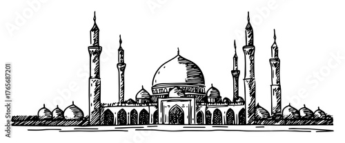 detailed mosque with domes and minarets hand drawn