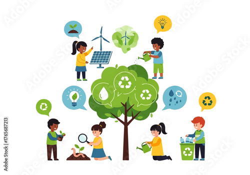 Children and Nature Embracing Sustainability and Eco-Friendly Practices in a Colorful Illustration