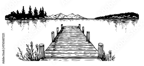 wooden pier on a tranquil lake with mountain view sketch