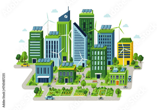 Sustainable urban landscape featuring modern eco-friendly architecture, renewable energy solutions, and green infrastructure for a smarter future development