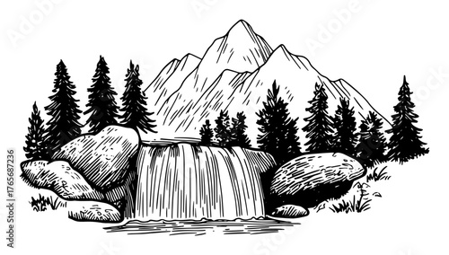mountain waterfall in pine forest landscape sketch