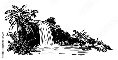 tropical jungle waterfall with palm trees sketch