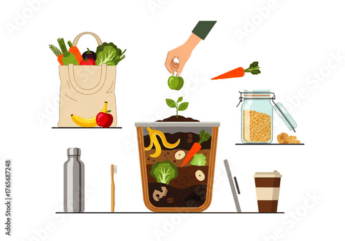 Sustainable living concept showcasing a composting bin for food scraps and reusable items for a zero waste and eco-friendly lifestyle