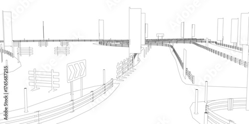 Dynamic drift race track contour in white and black vector line art, featuring sharp curves, detailed barriers, and a minimalist urban backdrop. This illustration captures high-speed motion.