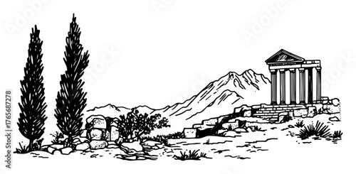 ancient greek ruins on a hill with cypress trees sketch