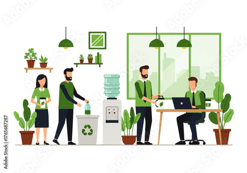A team of colleagues working together in a sustainable office environment, promoting recycling and green initiatives for corporate responsibility