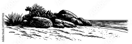 rocky sea shore with stones and sand sketch