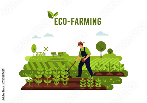 Vector illustration of a person working in a field, representing sustainable agriculture and organic farming with renewable energy sources